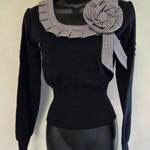 Black Sweater with Black and White Gingham Collar and Rose